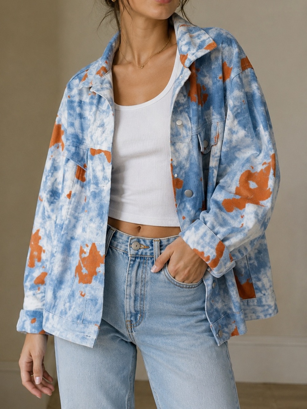 Tie-Dye Oversized Cotton Jacket - White & Rust